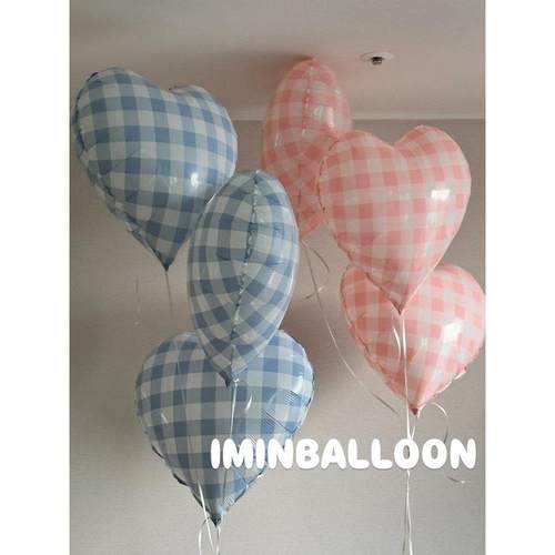 蓝白格子心形气球开业活动派对装饰粉格方块爱心生日装扮布置套餐