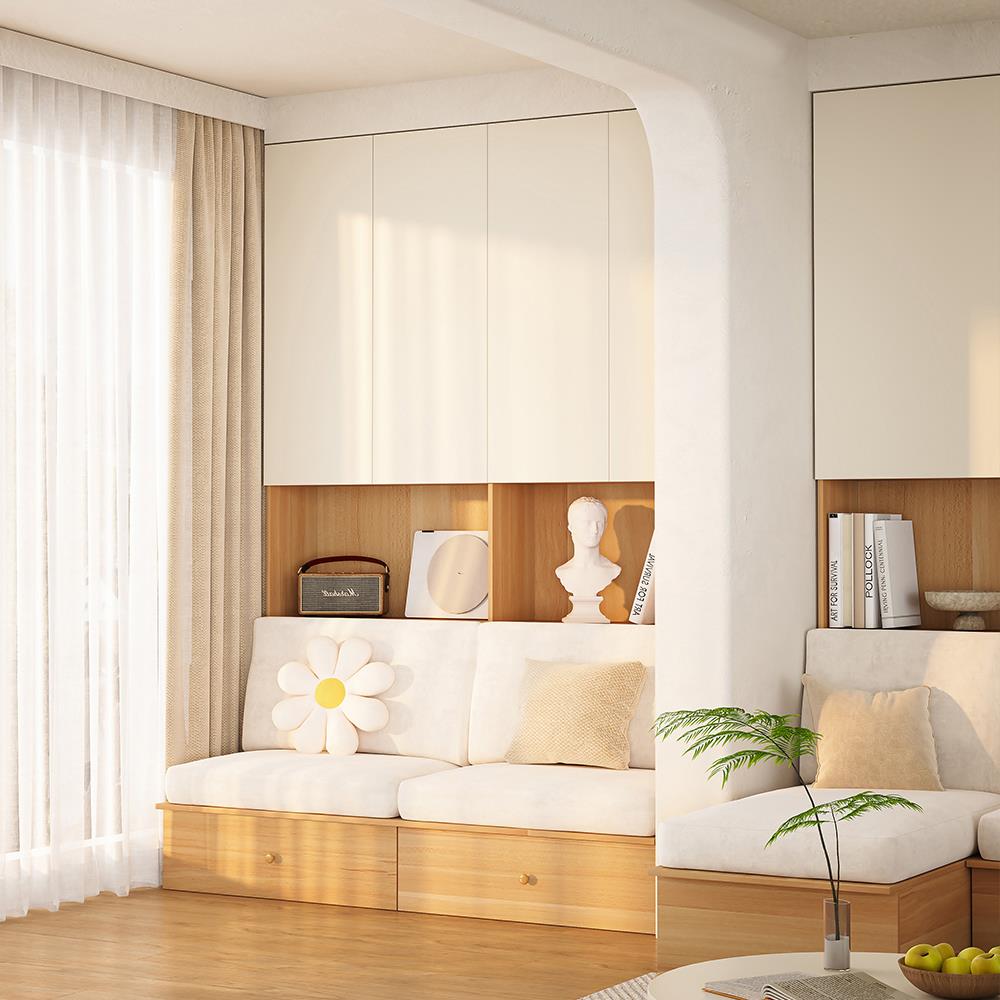 定制原木风阳台柜小户型沙发小客厅箱式储物地台飘窗阅读区书柜