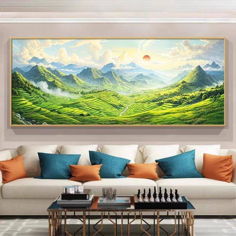 日出客厅沙发背景墙装饰画东墙青山旭日升靠山背有挂画聚宝盆东方