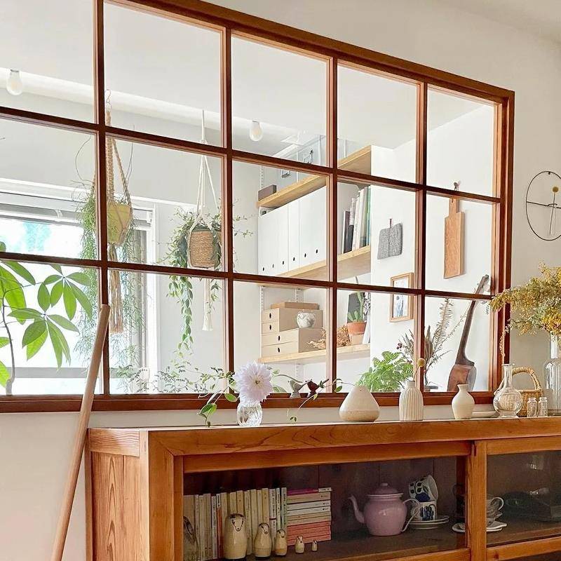 原木风窗户实木上下推拉折叠窗厨房对开门木头窗户咖啡店木质定制
