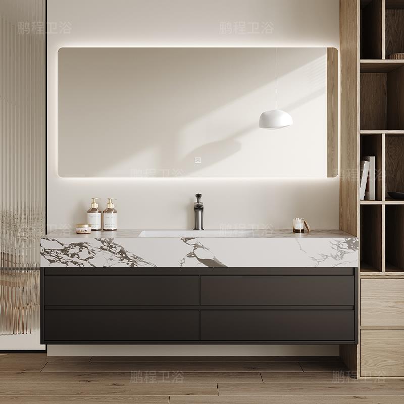 新款现代简约岩板无缝陶瓷一体盆浴室柜组合洗脸洗手池洗漱台定制