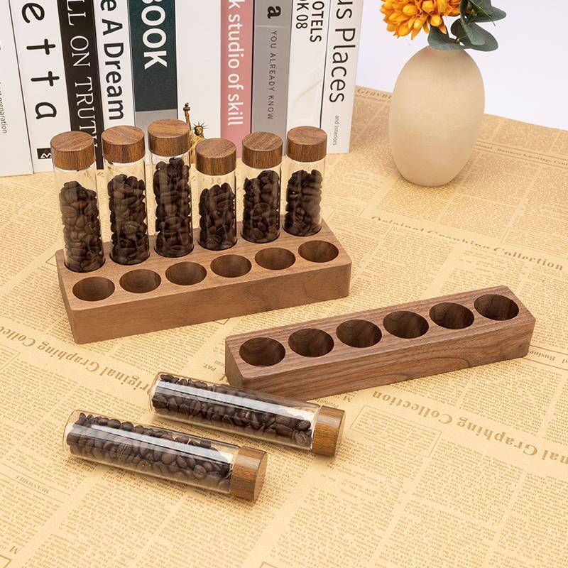 胡桃木底座咖啡豆展示架玻璃试管展示瓶咖啡店大厅吧台装饰品