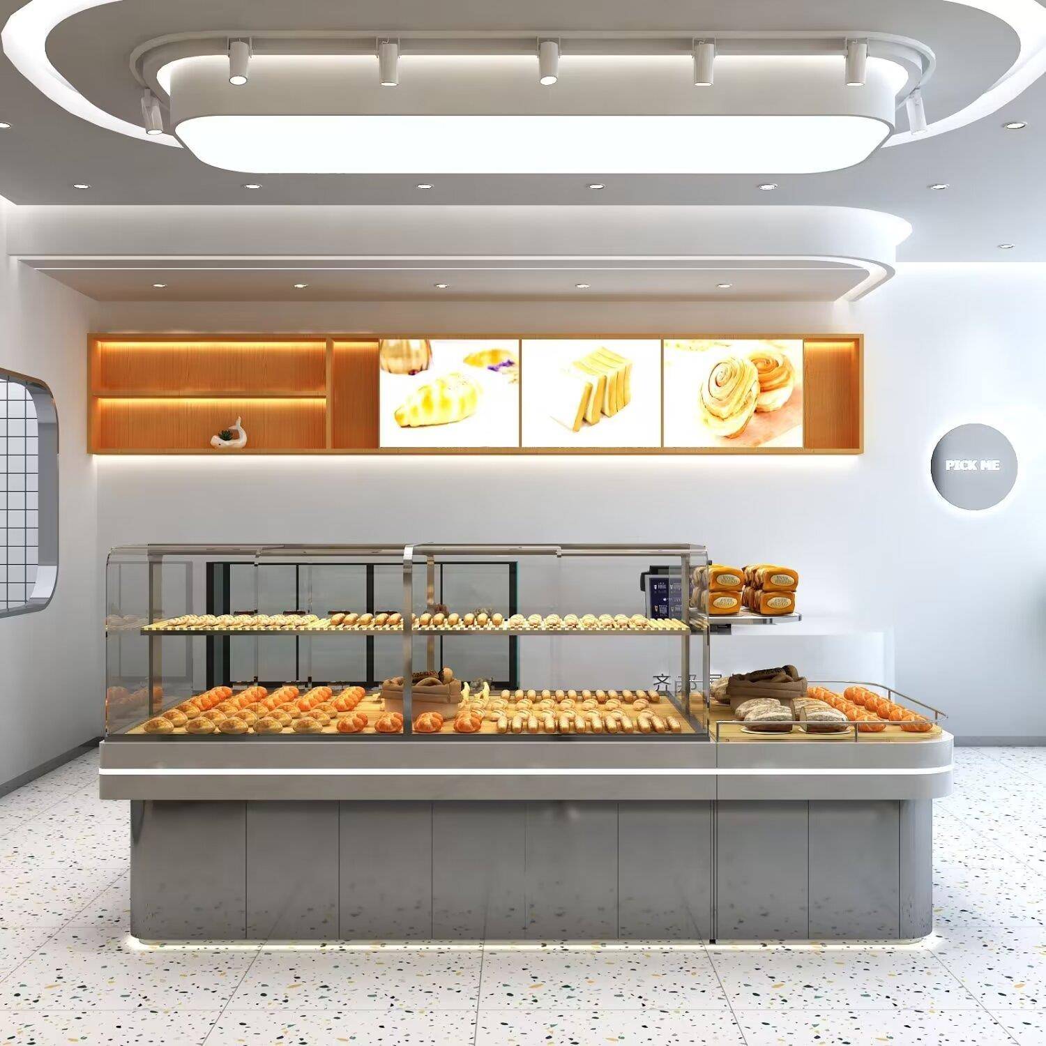 面包柜面包展示柜不锈钢镀钛弧形中岛柜边柜蛋糕模型柜超市货架