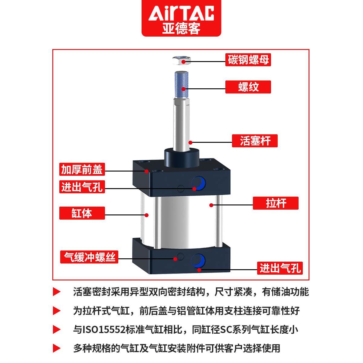 亚德客标准气缸大推力SC32*40x50X63X80X100X75X125X150X200S带磁