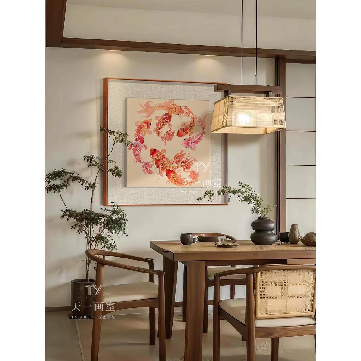 新中式聚财九鱼图手绘油画玄关柜装饰画中国风锦鲤客厅挂画正方形