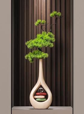 新中式招财元宝陶瓷细长高花瓶入户玄关摆件客厅迎客松装饰高级感