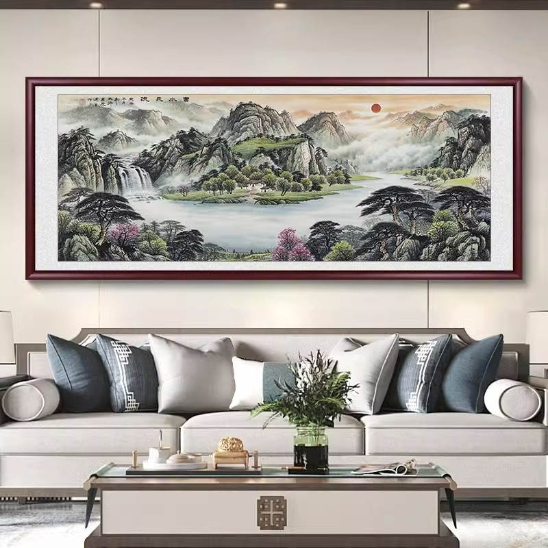 聚宝盆旭日东升客厅挂画国画沙发背景墙画办公室字画装饰画靠山图