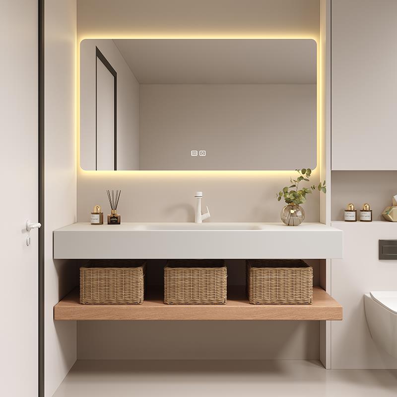 原木风极简浴室柜定制岩板热弯一体洗漱台卫生间洗手洗脸盆柜组合