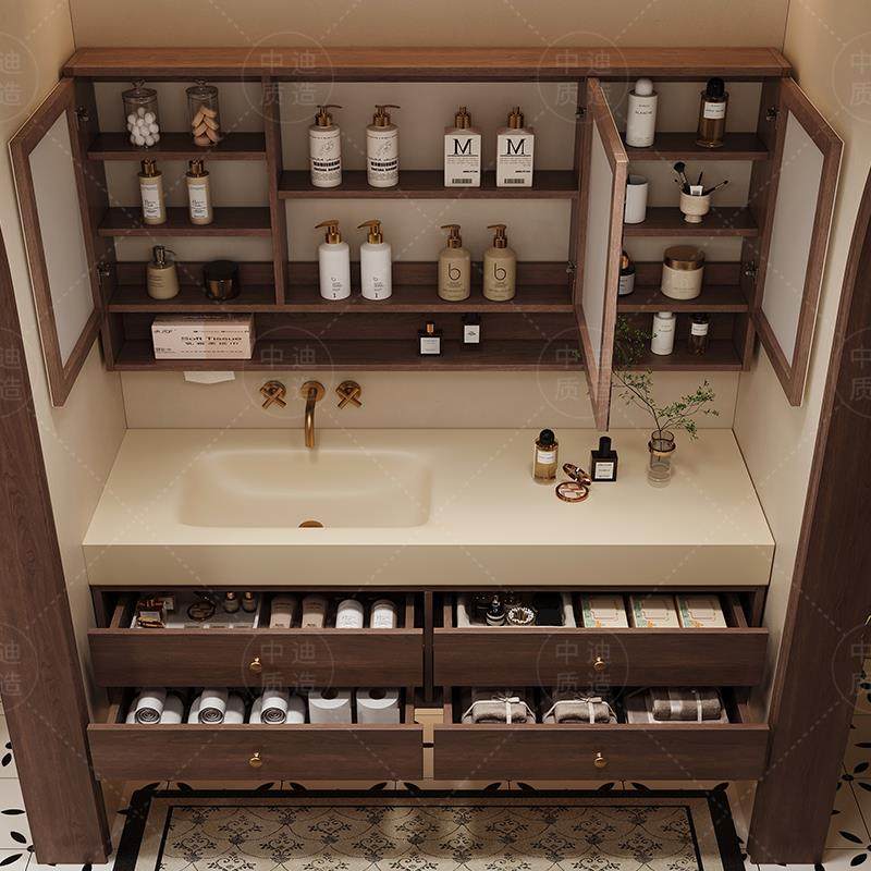 中古风岩板热弯无缝陶瓷一体盆浴室柜组合卫生间洗漱台洗手盆定制