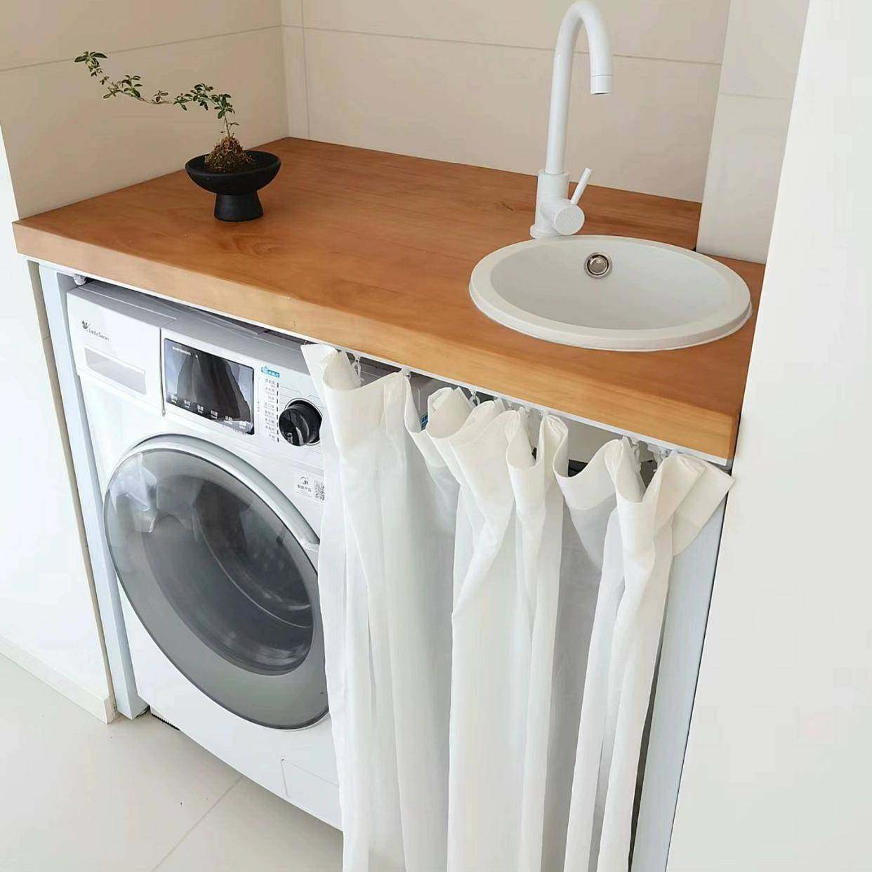 定制阳台洗衣机柜实木台面桌板改造设计台盆水槽一体柜阳台置物架