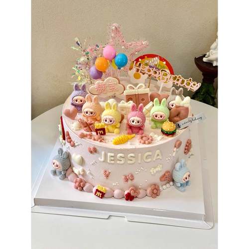 拉布布生日蛋糕装饰植绒软胶Labubu兔头摆件彩虹烘焙甜品台插件