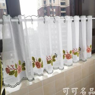 棉麻半帘厨房小窗帘飘窗短帘阳台半遮光厚纱遮丑帘免打孔绣花田园