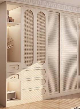 实木推拉门家用卧室新款藤编大衣橱法式复古NF级欧松板柜子