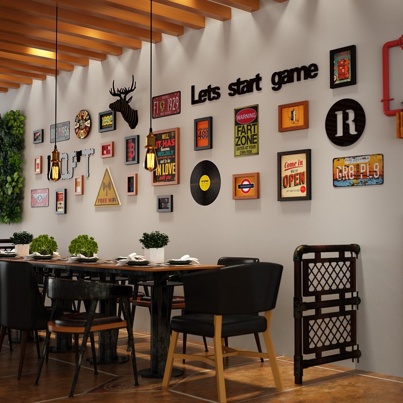 饭店装饰画工业风理发店创意墙面挂画复古酒吧ktv壁画烧烤店墙画图片
