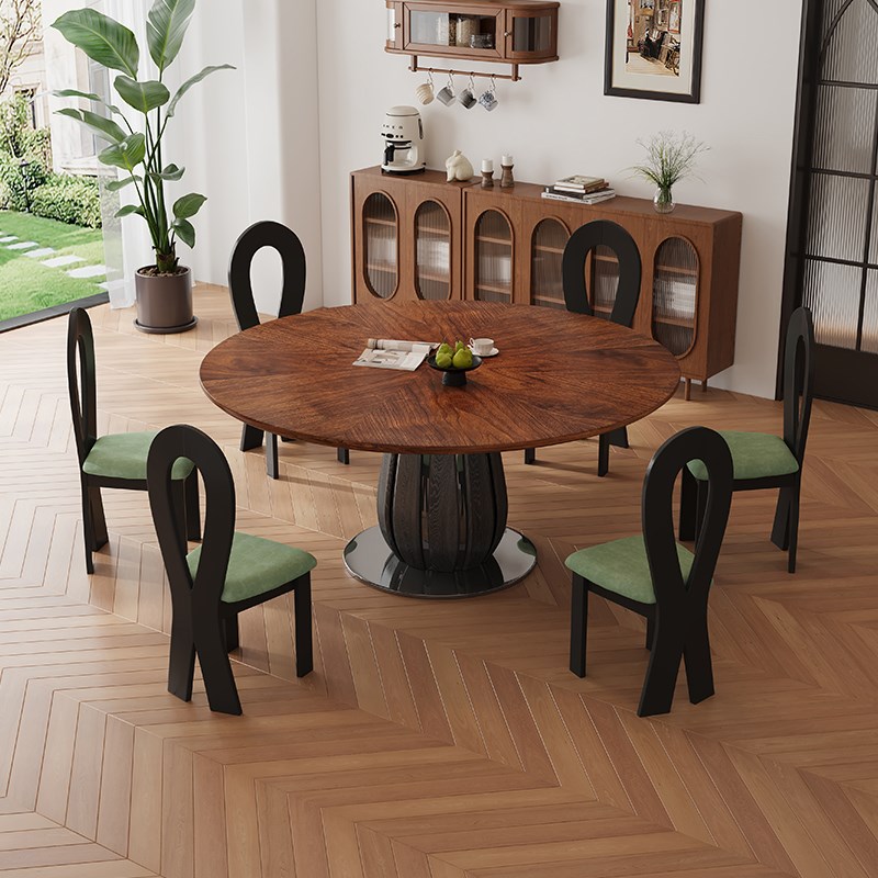 中古风实木餐桌复古风圆桌家用小户型法式黑胡桃木圆形餐桌椅组合