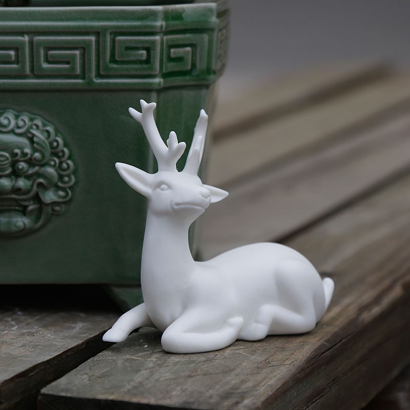 陶瓷盆景摆件园林装饰创招财吉祥动物小鹿艺品客厅白瓷茶宠花宠客