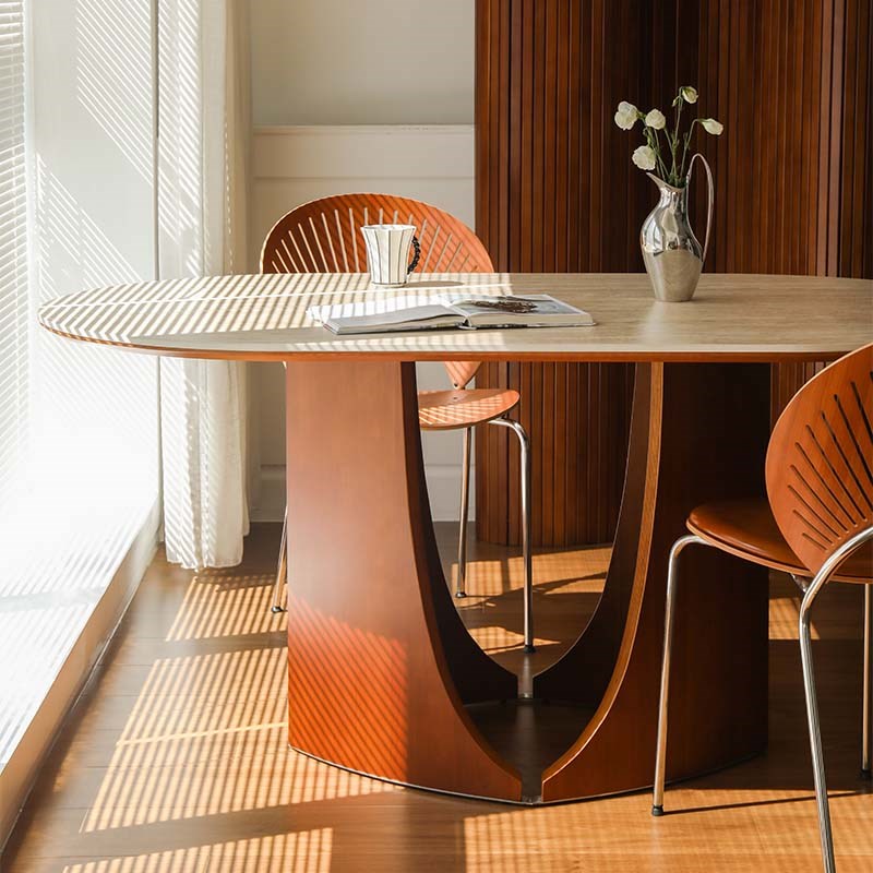 莱陌复古实木岩板餐桌家用客厅设计师中古桌子长方形饭桌