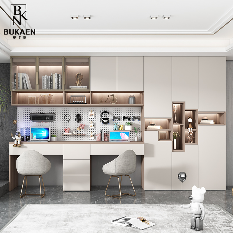 现代人书桌书架一体台式电脑桌家用卧室实木书桌学习桌定制