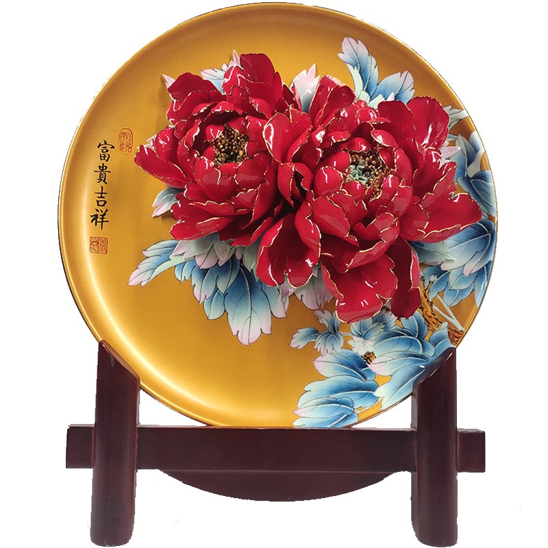 洛阳李学武牡丹瓷盘摆件纯手工陶瓷牡丹花公司会议中秋礼品礼盒装