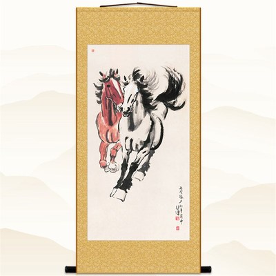 马图 徐悲鸿奔马图卷轴挂画 中式复古书房玄关装饰画绢布材质