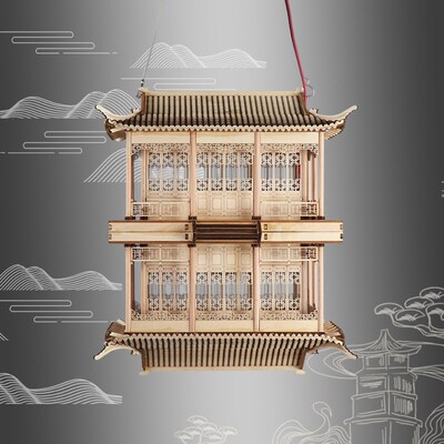 新创意实木古建筑模型亭子造景悬挂镜像吊饰样板房酒店