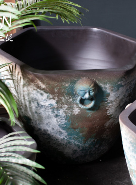 粗陶手工流水水景盆复古陶瓷仿古大缸浮世绘鱼缸落地庭院园林