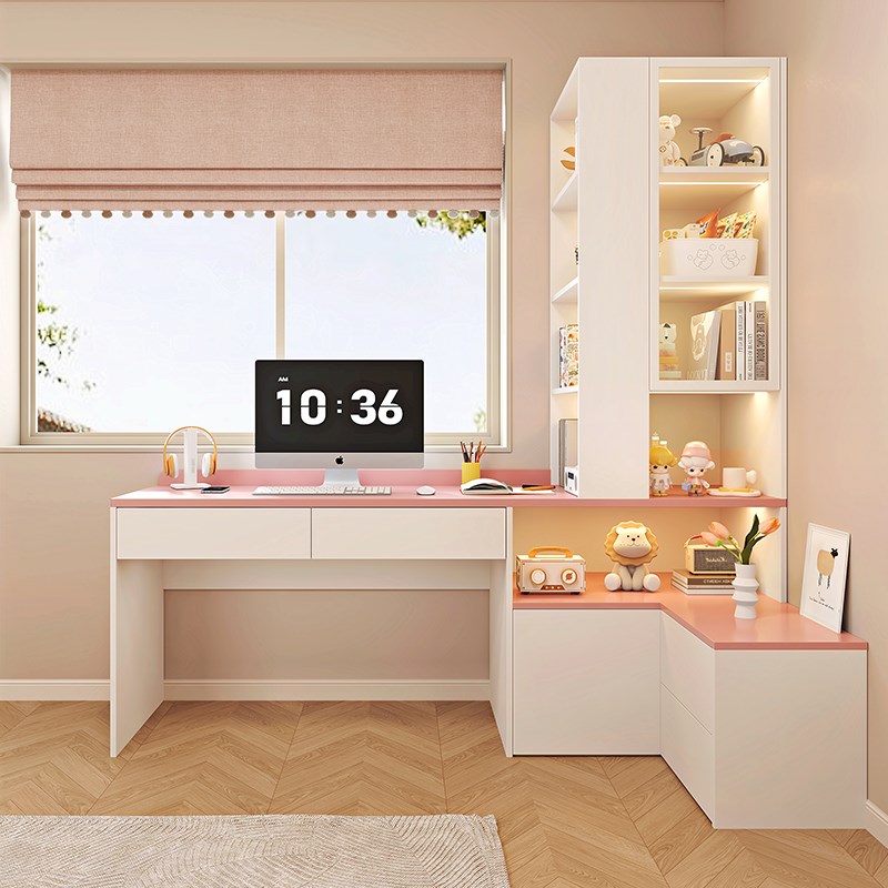 粉色公主儿童房书桌书柜一体学习桌小户型女孩卧室床头书架写字桌