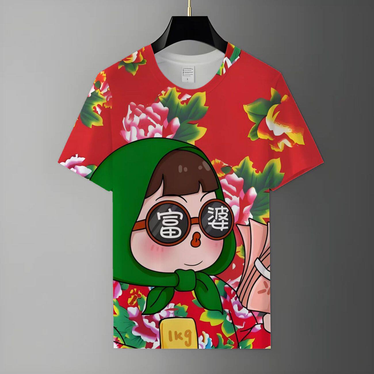 东北大花短袖青少年男女同款圆领短袖上衣3d数码印花涤纶材质夏季