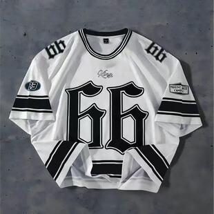 橄榄球66冰球短袖美式复古男女拼接宽松休闲嘻哈运动T恤球衣定制