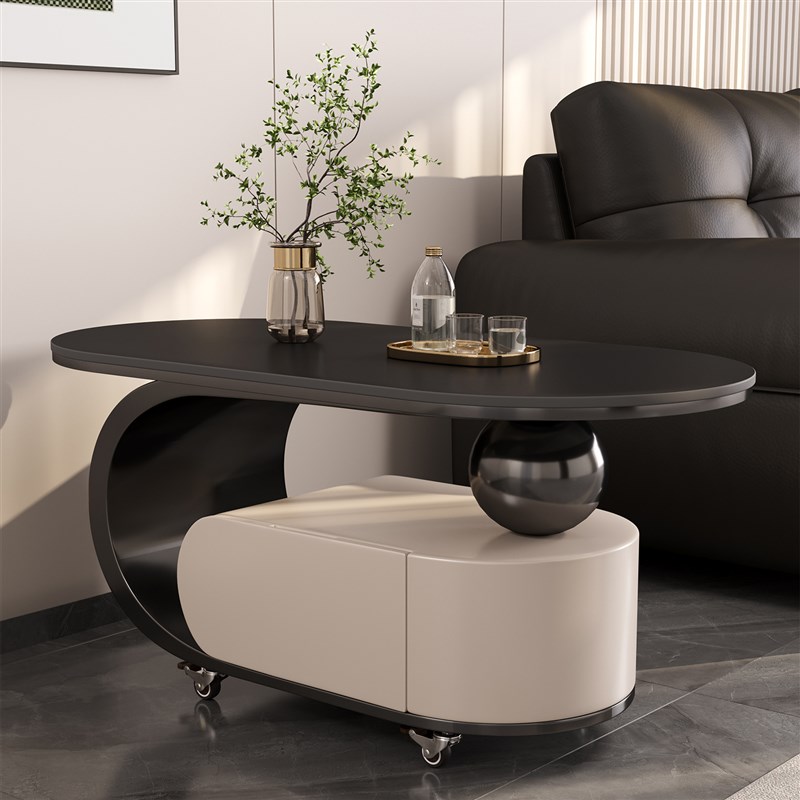 现代轻奢黑白岩板推车茶几家用客厅椭H圆高级感可移动储物沙发边