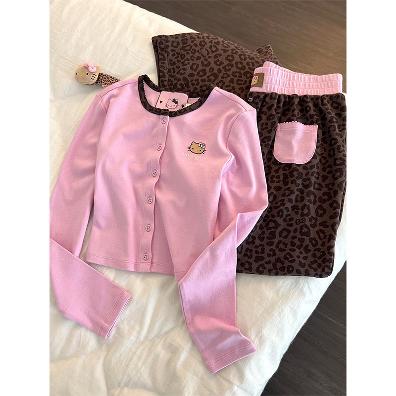 韩系豹纹卡通印花长袖睡衣女春秋款大码开衫长裤家居服两件套,女士内衣/男士内衣/家居服,睡衣/家居服套装,淘宝优惠券,粉丝福利购,淘宝优惠卷
