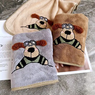 加厚珊瑚绒毛巾+浴巾2件套卡通飞机狗刺绣可挂擦脸巾头发不掉毛