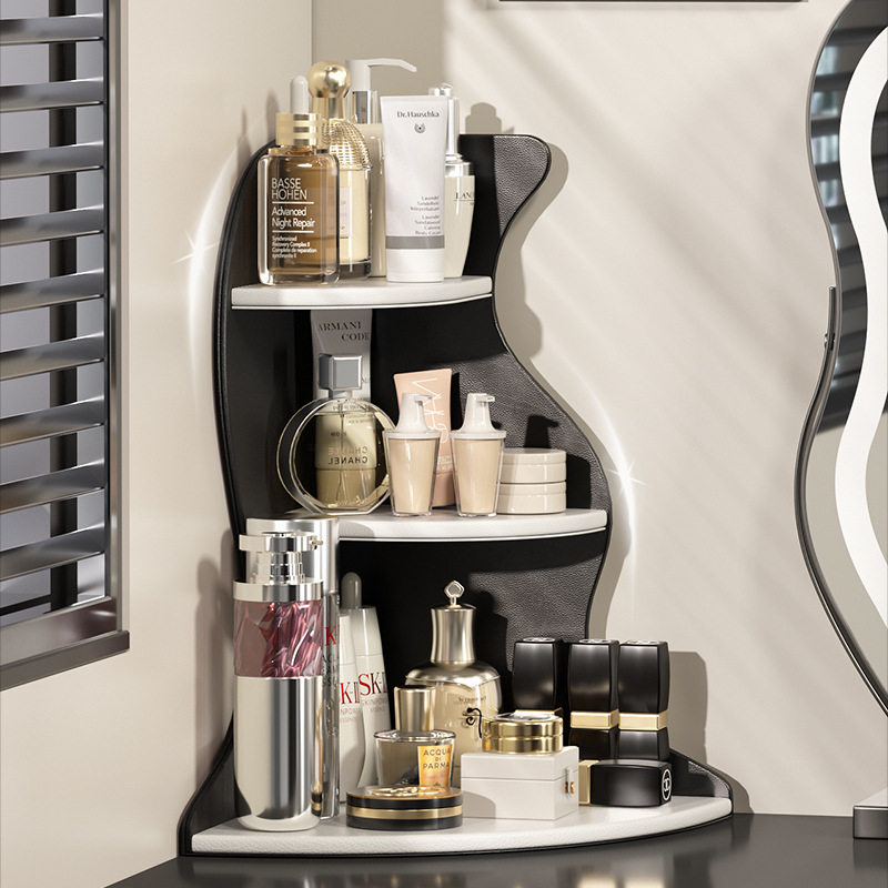 皮革轻奢多层置物架梳妆台桌面转角口红香水护肤品化妆品收纳盒