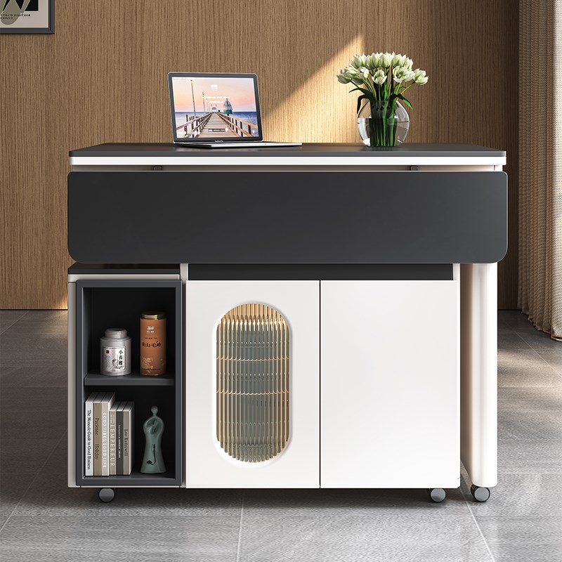 小户型可移动伸缩折叠饭桌家用岩板餐桌椅岛台餐茶桌一体边柜