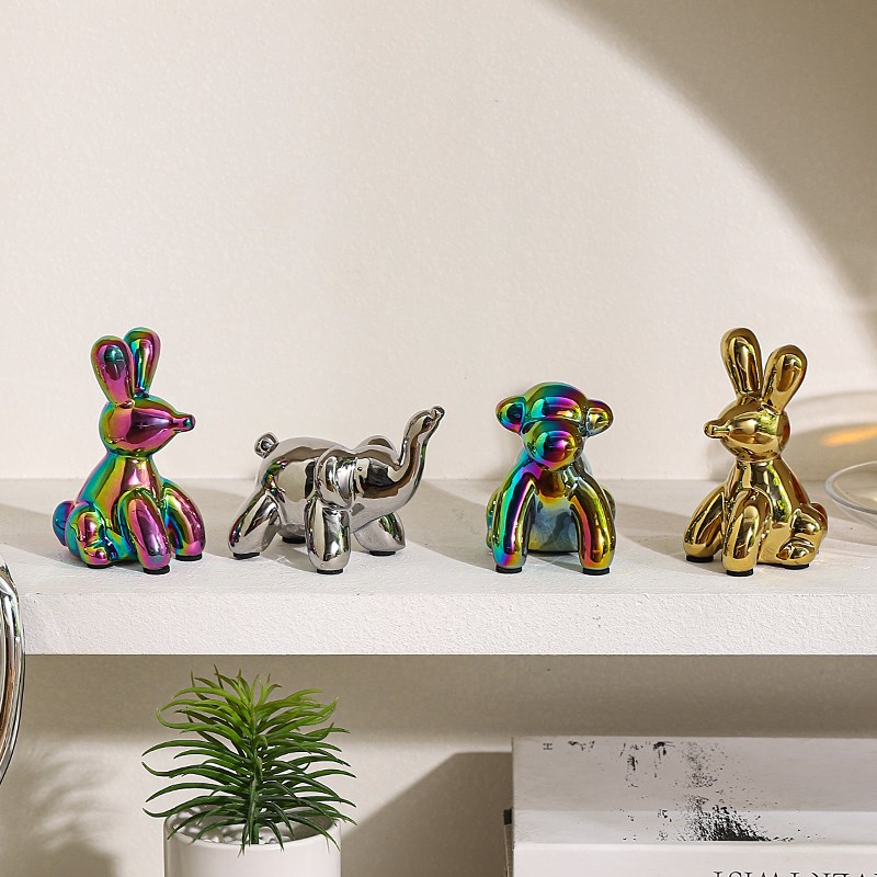 北欧轻奢创意电镀陶瓷兔子猴子大象动物酒书柜P办公桌面小摆件装