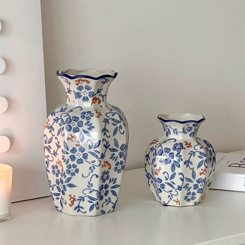 新中式高级感青花瓷陶瓷小花瓶客厅玄关装饰品摆件复古Z鲜花插花