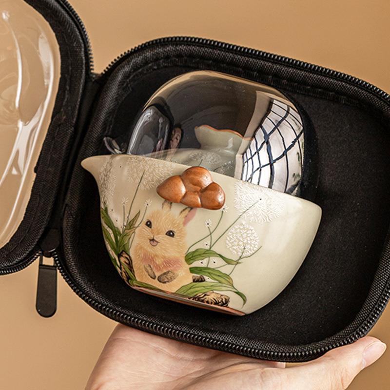 几欢汝窑萌兔便携式茶具套装家用陶瓷泡茶壶茶杯旅行茶具一壶二杯