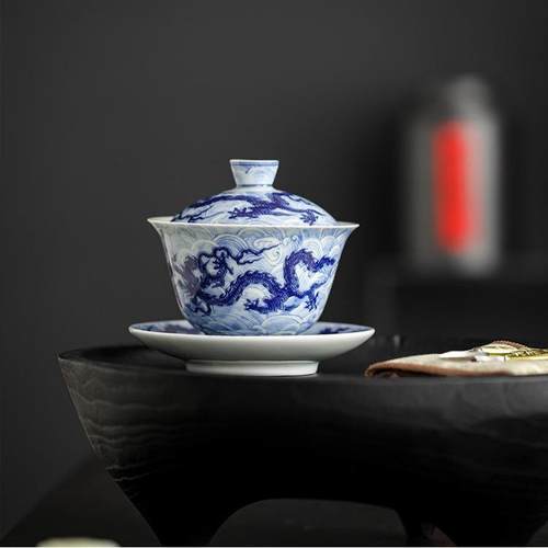 几欢 仿古盖碗茶杯景德镇高端陶瓷海浪龙纹青花瓷泡茶碗三才盖碗