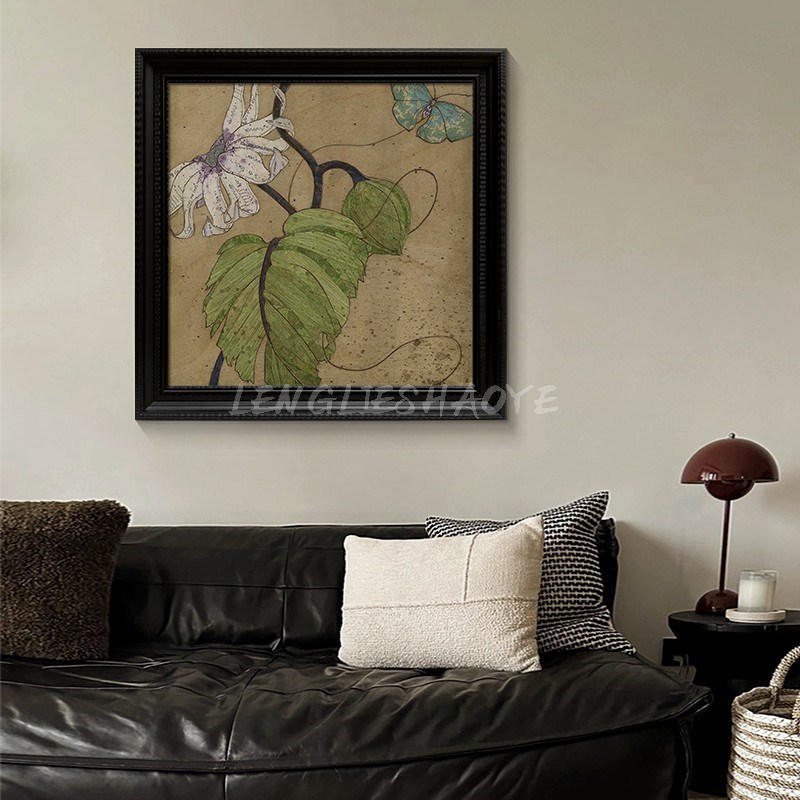 侘寂中古风客厅卧室装饰画蝴蝶花卉小众手绘油画植物玄关复古挂画图片