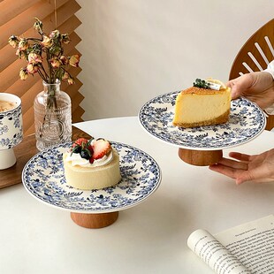 复古脚青瓷平盘圆形陶瓷餐盘茶点盘果盘下午茶糕点盘创意精致