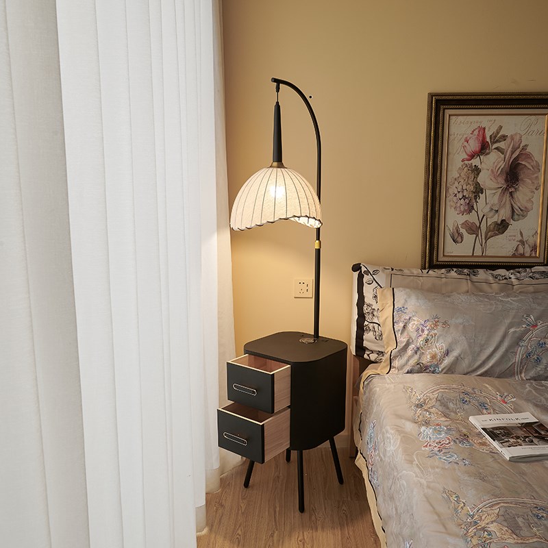 氛围感卧室复古风落地灯床头柜台灯一体装饰置物黑色客厅沙发台灯