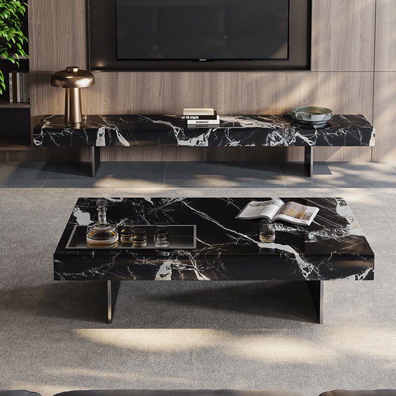 黑玫瑰大理石意式极简轻客厅天然奢石纹理豪华茶几现代电视柜