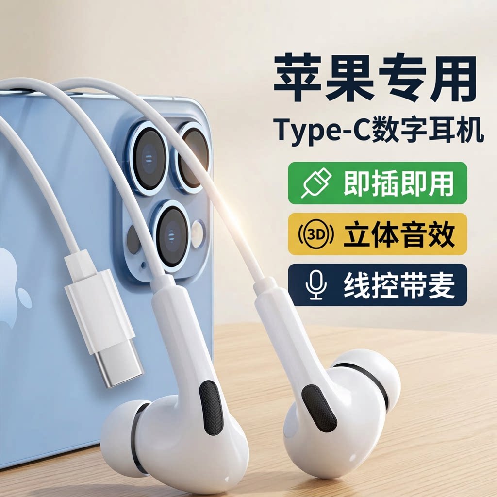 原装适用苹果有线耳机17/16promax专用iphone15手机typec接口ipad