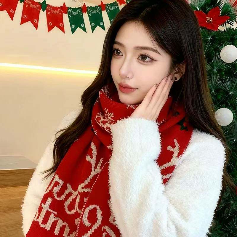 YJ红色圣诞树针织围巾韩系氛围感冬季保暖百搭情侣圣诞礼物围脖
