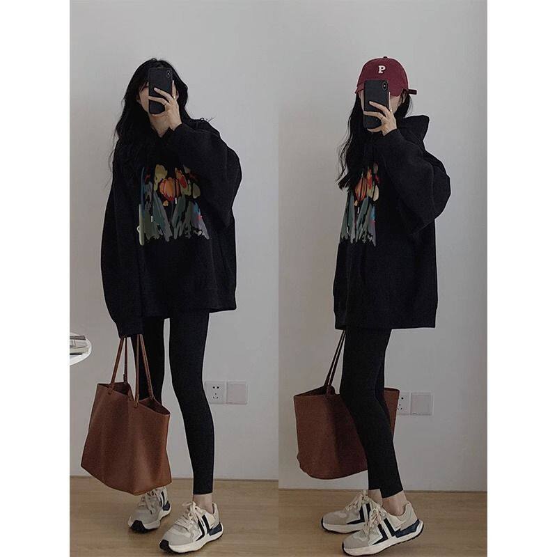 黑色慵懒风连帽卫衣女宽松2025秋冬季中长款上衣加绒加厚遮臀过臀