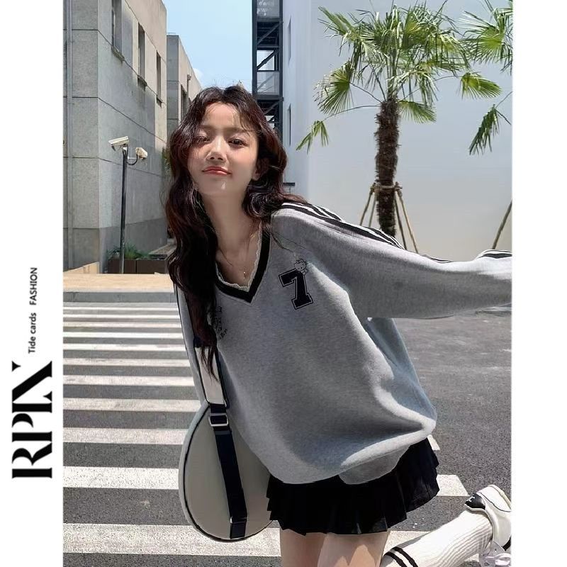 RPIN蕾丝边印花撞色长袖卫衣女春秋新款甜美风宽松显瘦V领上衣ins