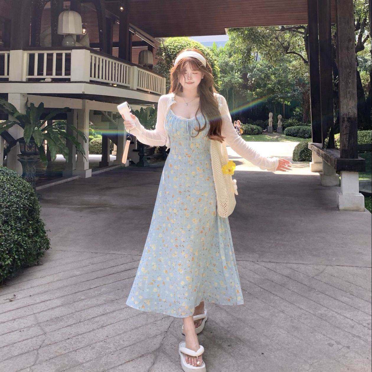 大码女装碎花连衣裙女夏季甜美气质修身显瘦吊带裙子防晒开衫套装