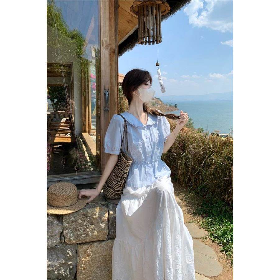 甜美刺绣娃娃领短袖衬衫女夏季2026新款收腰气质高级休闲韩系上衣