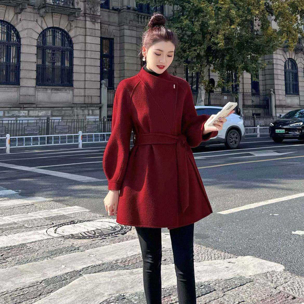 红色双面绵羊毛大衣女2026秋冬灯笼袖立领系带显瘦小个子毛呢外套
