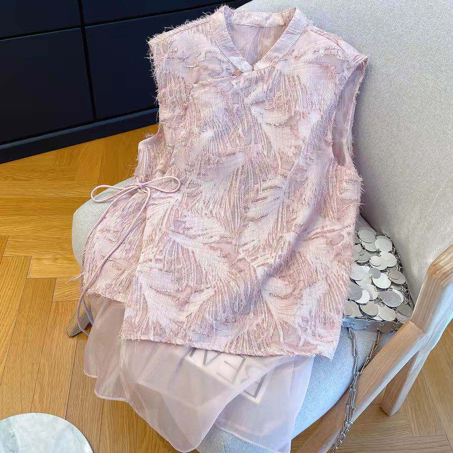 新中式流苏马甲女夏季薄款2026年新款绝美国风网纱拼接无袖背心潮